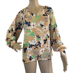 CABI ISLAND BLOUSE  2023 FLORAL S LONG GATHERED‎ SLEEVES WITH SMOCKING-PULLOVER